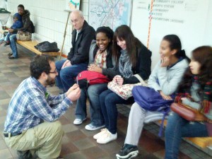 I'm in the subways of Boston using the "Curved Illusion" gospel tract to start up a conversation with these students. They are from (left-to-right): Rwanda, Serbia, Eritrea, and Vietnam. I then gave them gospel tracts in their own languages and they loved them!  :)